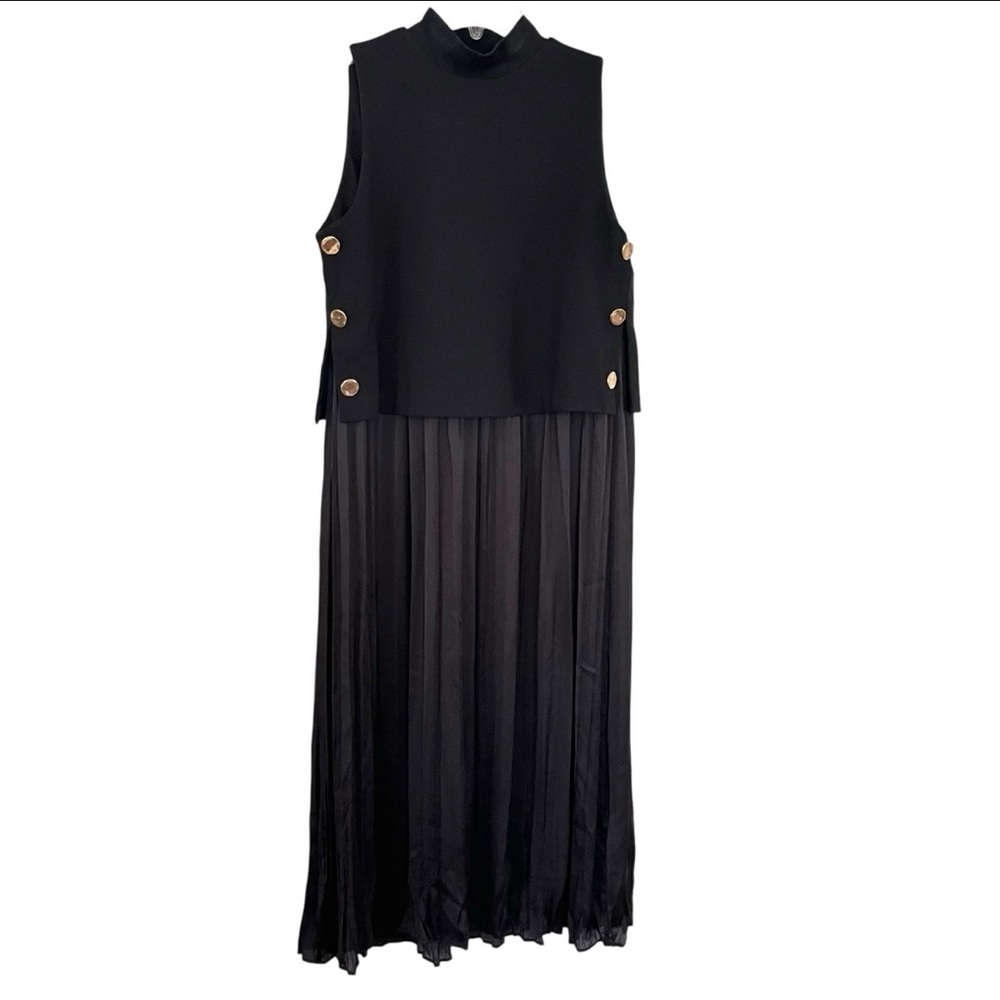 Zara Elegant Black Sleeveless Dress with Gold Button Accents New With Tags